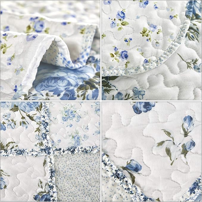VIVILINEN Blue Floral Patchwork Quilt Set 132x120 Alaska King Size Bedding Set - Image 7