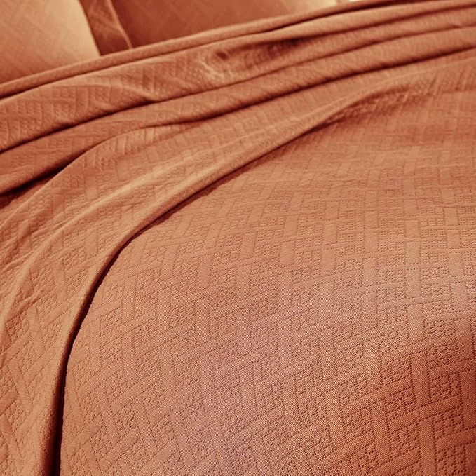 Superior 3 Piece Basketweave Cotton Bedspread Set, Home Bed Decor, Decorative Bed Spread, 2 Pillow Shams, Medium Weight Blanket, Matelasse Coverlet Bedding, Geometric Lattice Pattern, King, Mandarin