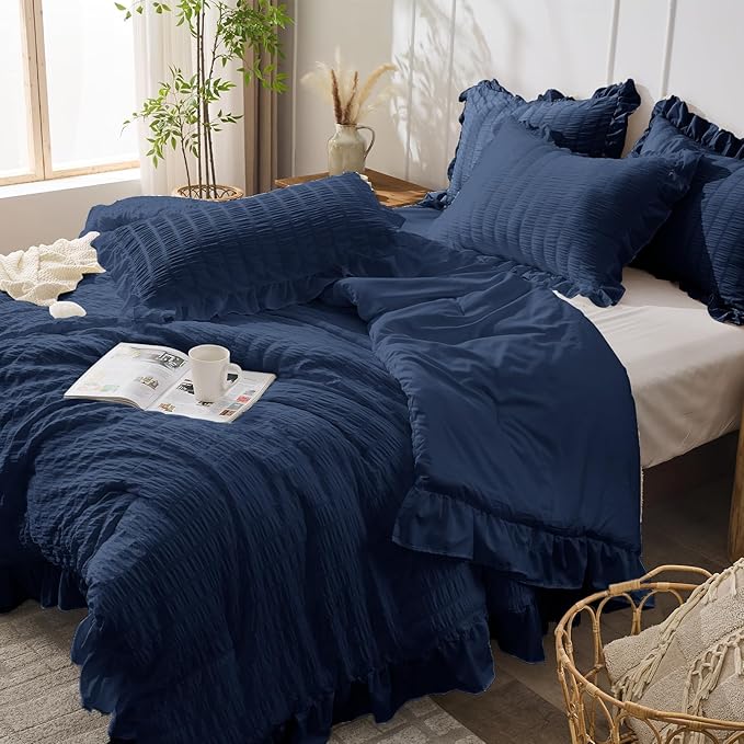 JOLLYVOGUE Navy Blue Comforter Full Size, 3 Pieces Seersucker Lightweight Full - Image 8