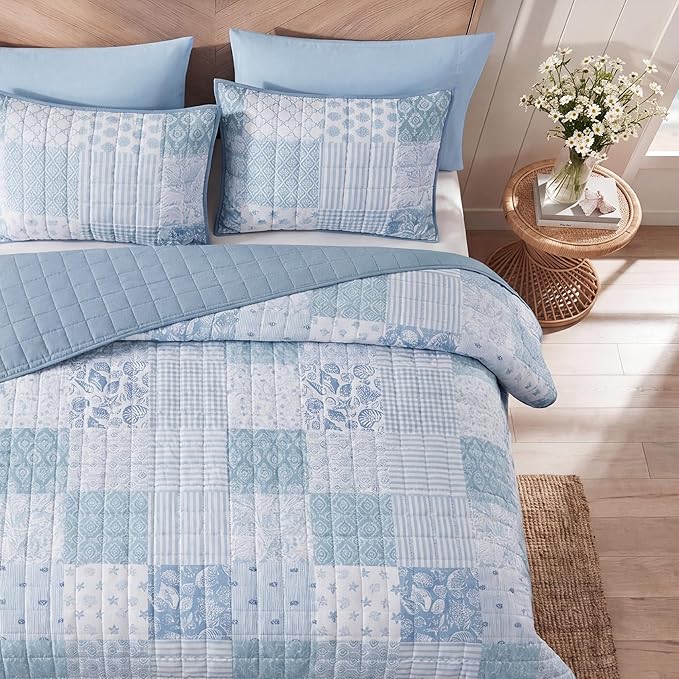 BLOOMHAVEN Quilt Set Twin Size, Patchwork Sea Blue Floral Quilt Sets, - Image 7