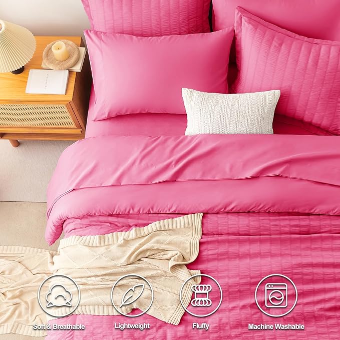 CozyLux Queen Comforter Set Hot Pink Seersucker 7 Pieces Bed in a Bag Queen - Image 2