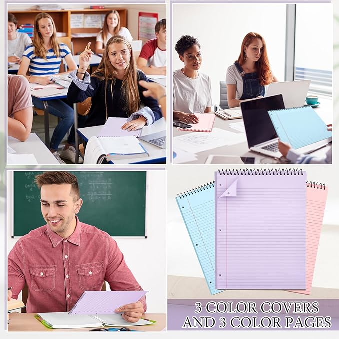 10 Packs 8.5" x 11" Top Spiral Notebook with 3 Hole Punched Legal Pads College Ruled Notepad 50 Sheets Hard Cardboard Paper Wirebound Notepad for Office School Business (Pink,Blue,Purple)-DeskoryOffice
