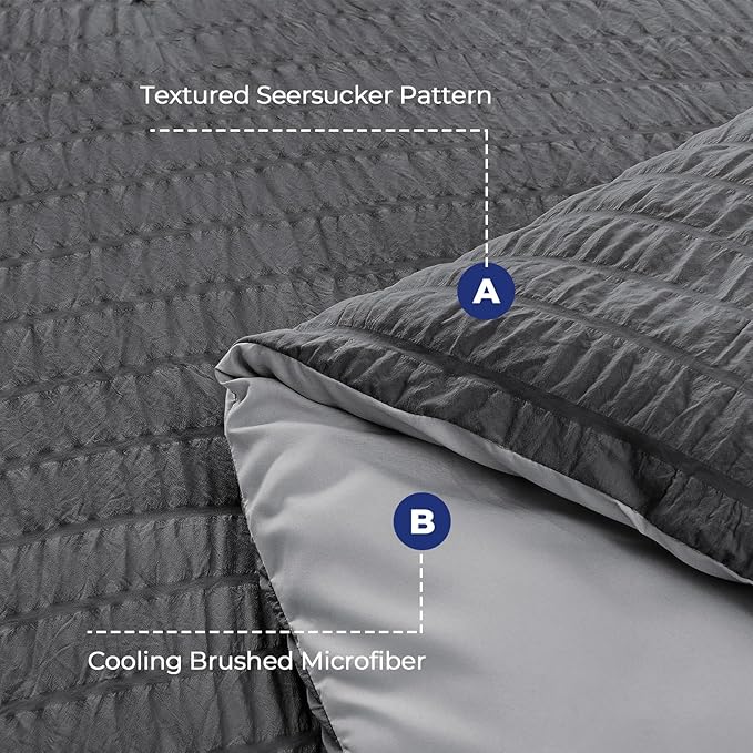 HYMOKEGE Dark Grey/Light Grey Twin Comforter Set Seersucker 5 Pieces, All - Image 4