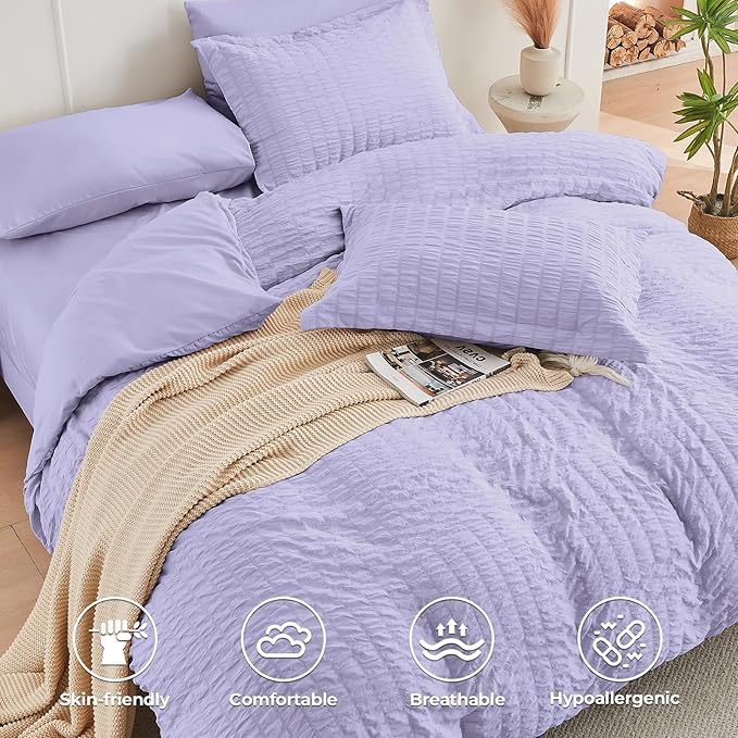 HYMOKEGE Light Purple Queen Comforter Set Seersucker 7 Pieces, All Season - Image 3