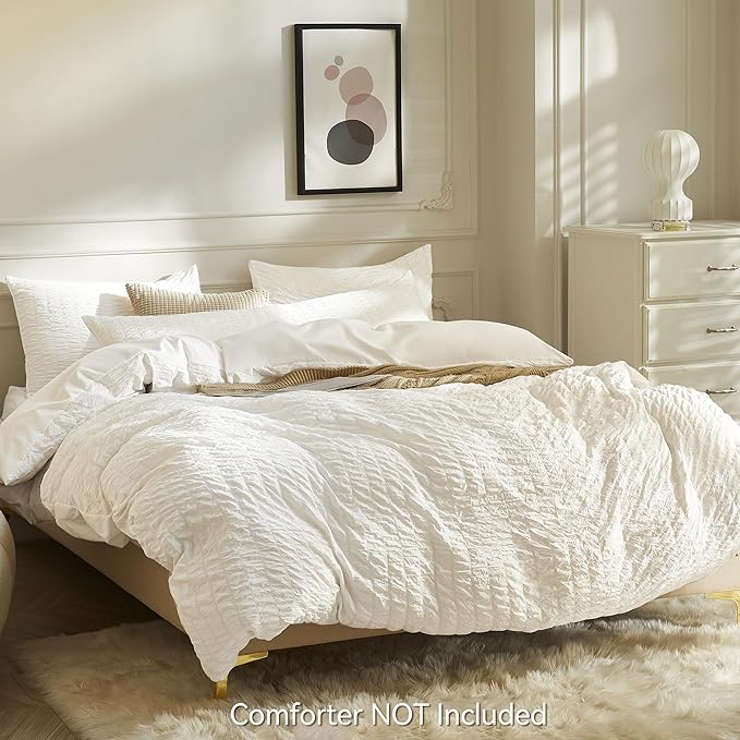JELLYMONI White Duvet Cover Oversized Queen Size, Soft Breathable Seersucker - Image 3
