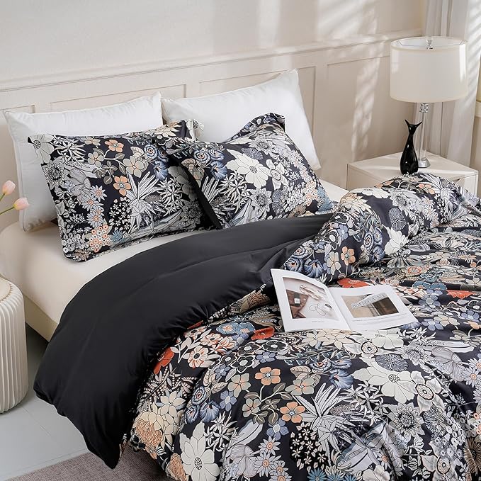 LONAVA King Flower 3 Pcs Duvet Cover Set, Breathable Soft Microfiber Black - Image 8