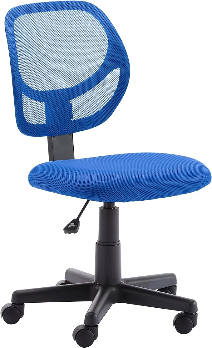 Amazon Basics Rolling Desk Chair, Adjustable, Low Back, Padded Seat, Breathable Mesh, Swivel, Blue, 21.25" D x 22.5" W x 38" H-DeskoryOffice