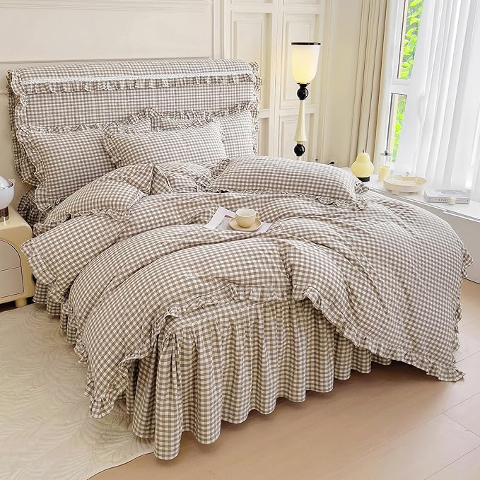 mixinni Tan Gingham Ruffle Duvet Cover Twin XL Size 3 Pieces – 100% Washed - Image 6