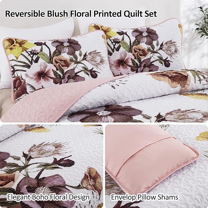Drucon Floral Quilt Set Queen 3 Pieces Boho Blush Quilt Coverlet Set Soft - Image 6