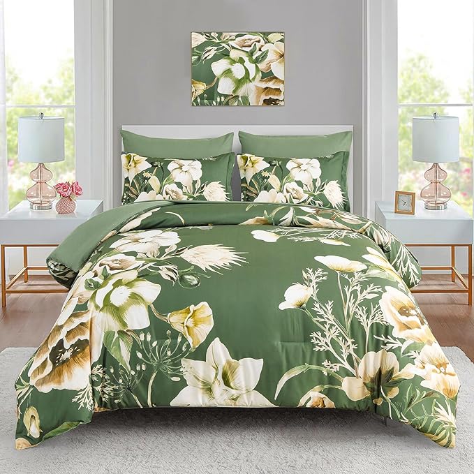 Luxudecor Floral Comforter Set King Size 7 Piece, Olive Green Flower Bed in a by Luxudecor