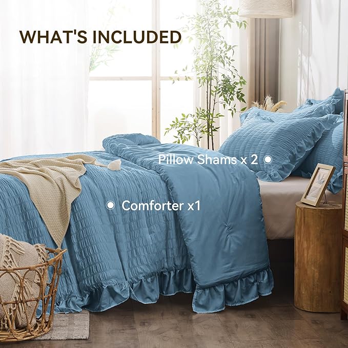 JOLLYVOGUE King Size Comforter Set, 3 Pieces Sea Blue Seersucker Comforters - Image 5