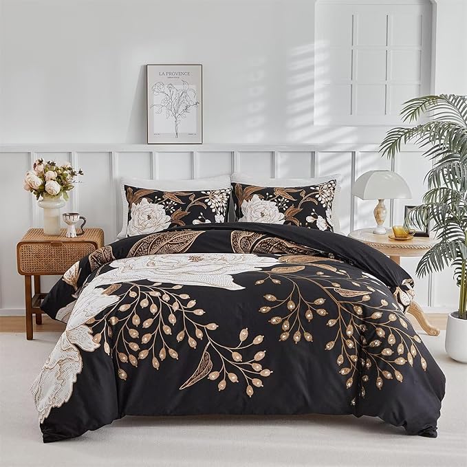 MKXI Gold Floral Black Duvet Cover Twin XL Bedding Set Bold Vintage Style by MKXI