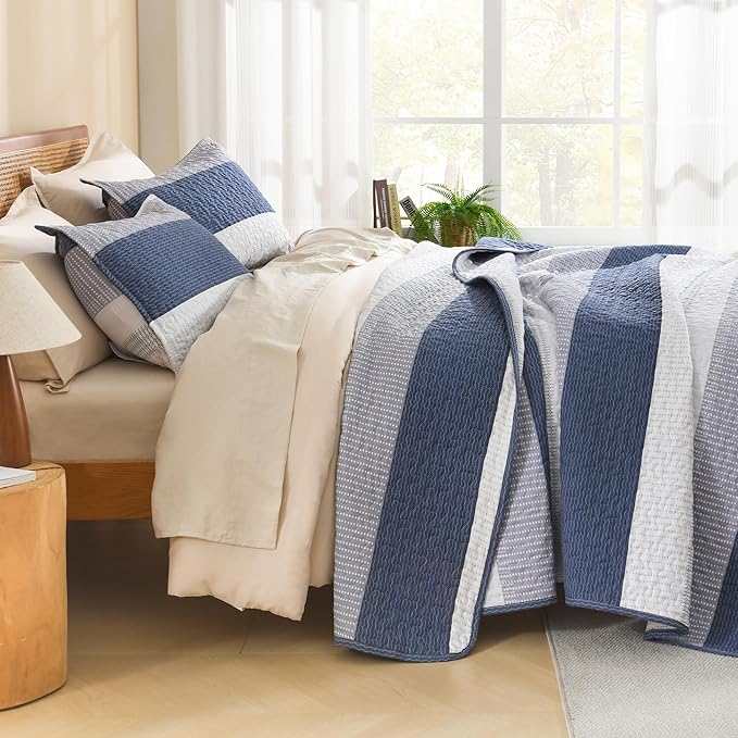 Litanika Oversized King Quilt Set Mineral Blue, 128x120 Stripe Bedspread - Image 2