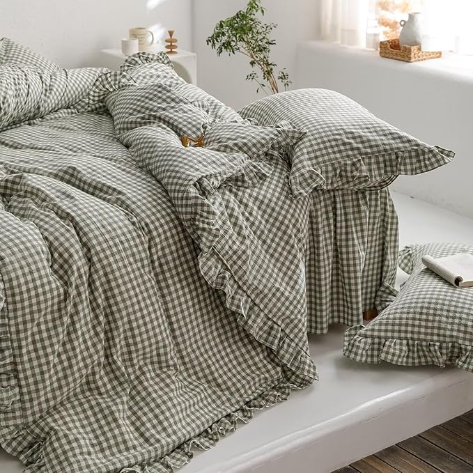 mixinni Green Gingham Ruffle Duvet Cover Twin XL Size 3 Pieces – 100% Washed - Image 9