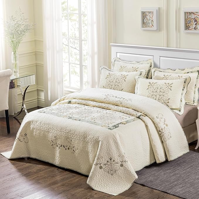 ROOMLIFE Quilt Set Full/Queen Size 3D Floral Embroidery Pattern 3-Piece Cotton - Image 2