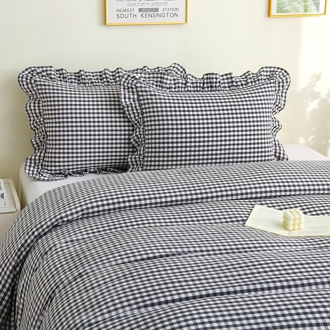 Silnuo Black/White Checkered Ruffle 3-Piece Duvet Cover Set Full Size, Washed - Image 8