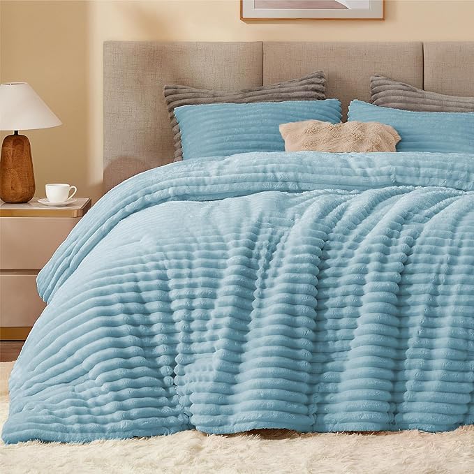 BEDELITE Fleece King Comforter Set -Super Soft & Warm Fluffy Light Blue Bedding by BEDELITE