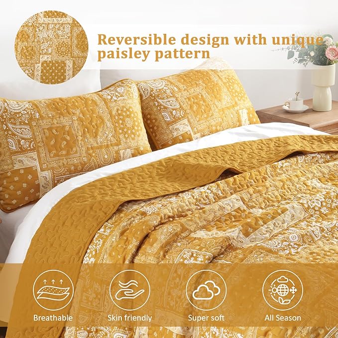 Cottolester Boho Quilt Set Queen Size, 3 Pieces Yellow Patchwork Paisley Quilt - Image 3