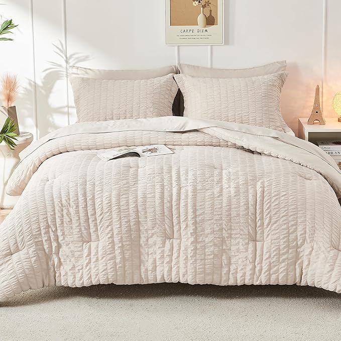 HYMOKEGE Beige Oversized King Comforter Set Seersucker 7 Pieces, All Season - Image 9
