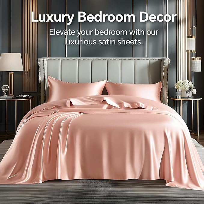 BEDELITE California King Sheets Set, Luxury Soft Coral Pink Satin Sheets - Image 2