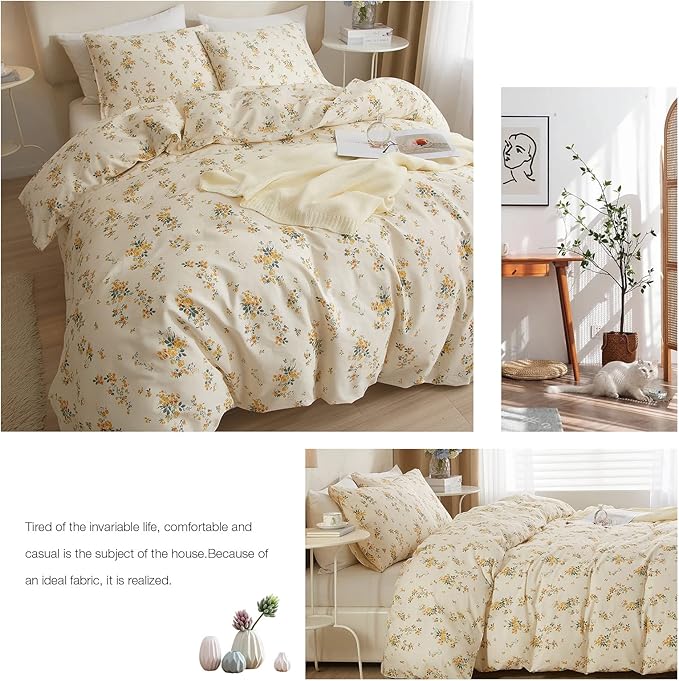 mixinni Aesthetic Floral Duvet Cover Set Twin Size, Farmhouse Boho Yellow - Image 7