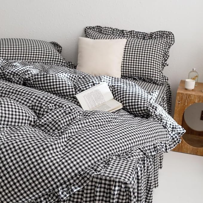 mixinni Black White Gingham Ruffle Duvet Cover Twin Size 3 Pieces – 100% Washed - Image 5