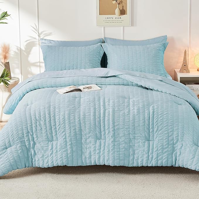 HYMOKEGE Lake Blue California King Comforter Set Seersucker 7 Pieces, All - Image 9