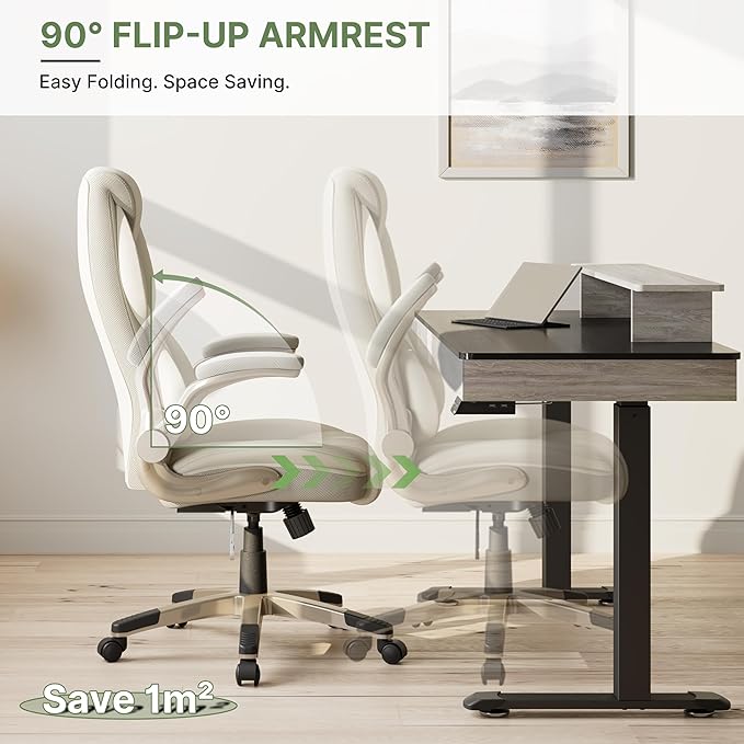 EUREKA ERGONOMIC Executive Office Chair Flip Up Arm Rest, Ergonomic Desk Chair Faux Leather Computer Chair, High Back Office Chair with Headrest, Home Office Desk Chairs with Wheels, Beige-DeskoryOffice
