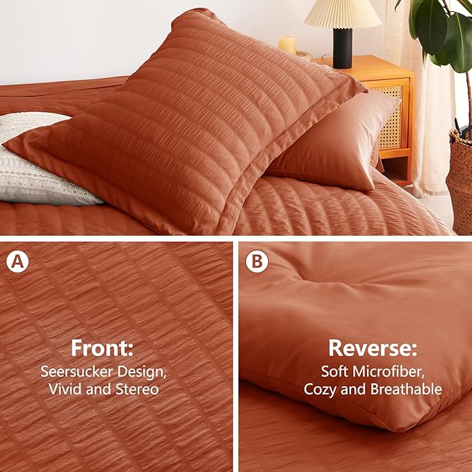 CozyLux Oversized King Comforter Set Burnt Orange Seersucker 7 Pieces 120x98 - Image 4