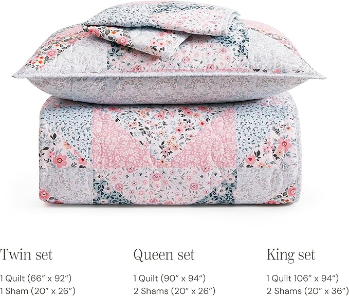 BLOOMHAVEN Quilt Set King Size, Patchwork Pink Floral Quilt Sets, Reversible - Image 8