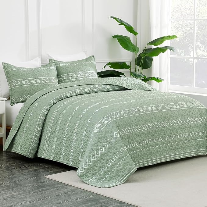 Andency Sage Green Quilts Queen Size, 3 Pieces Queen Quilt Bedding Set Boho - Image 2