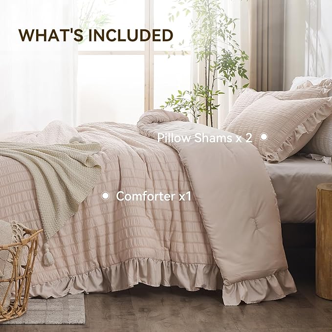 JOLLYVOGUE Beige Comforter Full Size, 3 Pieces Seersucker Lightweight Full Size - Image 5