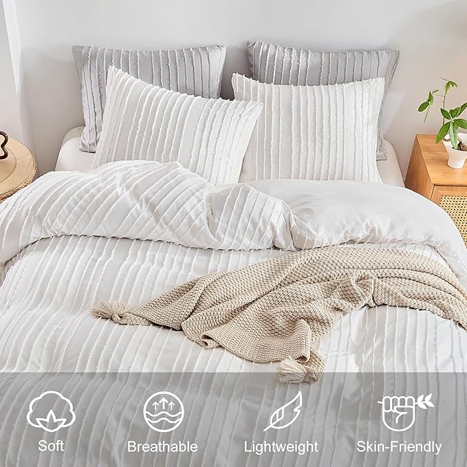 WARMDERN White Boho Duvet Cover Set Full Size, Striped Textured Duvet Cover - Image 3