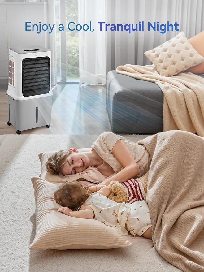 10 Gal Evaporative Air Cooler, 3000CFM Quiet Portable Air Conditioners, 35" Fast Cooling Swamp Cooler, 120° Oscillation, 12H Timer, 3 Speeds & Modes Remote Control for Living Room|Bedroom|Garage-DeskoryOffice