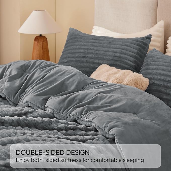 BEDELITE Fleece Twin Comforter Set -Super Soft & Warm Fluffy Grey Bedding - Image 5