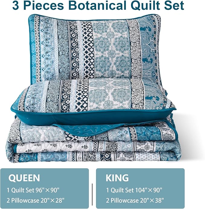 WONGS BEDDING Boho Quilt Set King Size, Teal Blue Bohemian 3 Pieces Quilt Sets - Image 7