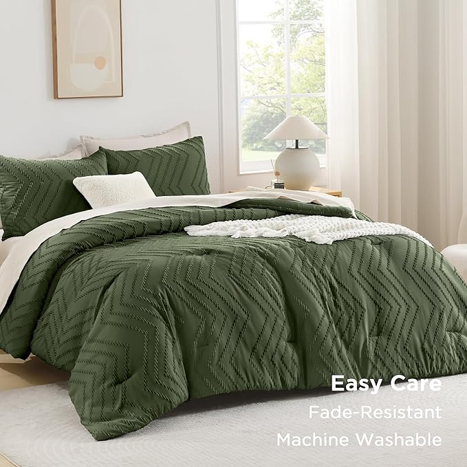 Andency Olive Green Comforter Set King Size, Boho Soft Fluffy Warm Lightweight - Image 3