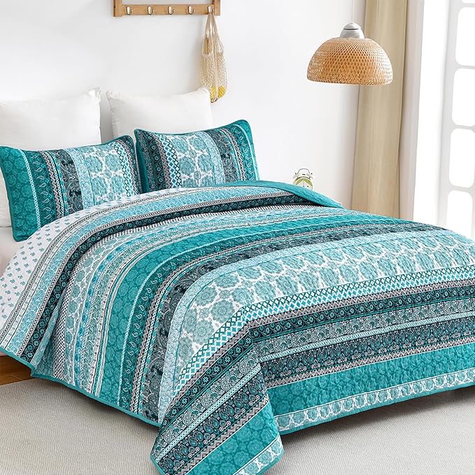 WONGS BEDDING Boho Quilt Set Queen Size, Teal 3 Pieces Bohemian Striped - Image 2