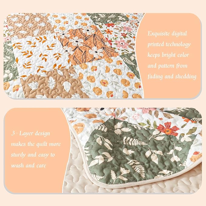 Whale Flotilla Patchwork Quilt Twin Size, Extra Soft Boho Floral Bedspreads - Image 3