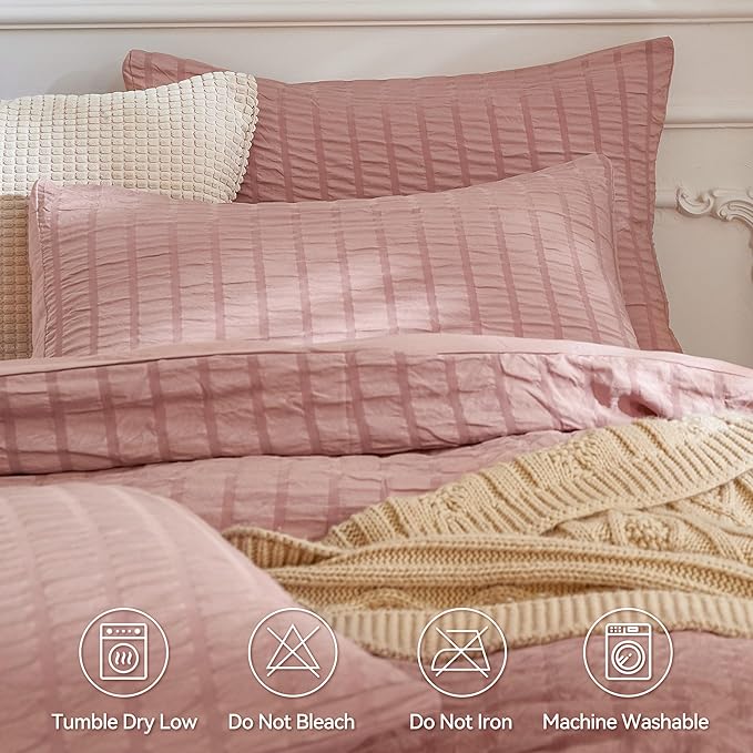 JELLYMONI Smokey Pink Duvet Cover Queen Size, Soft Breathable Seersucker Duvet - Image 4