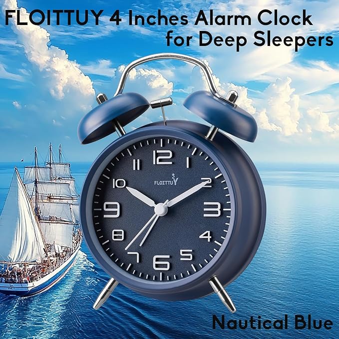 (Loud Alarm for Deep Sleepers 4'' Twin Bell Alarm Clock, Stereo Digital Dial Alarm Clock with Backlight for Bedroom and Home Decoration(Nautical Blue)