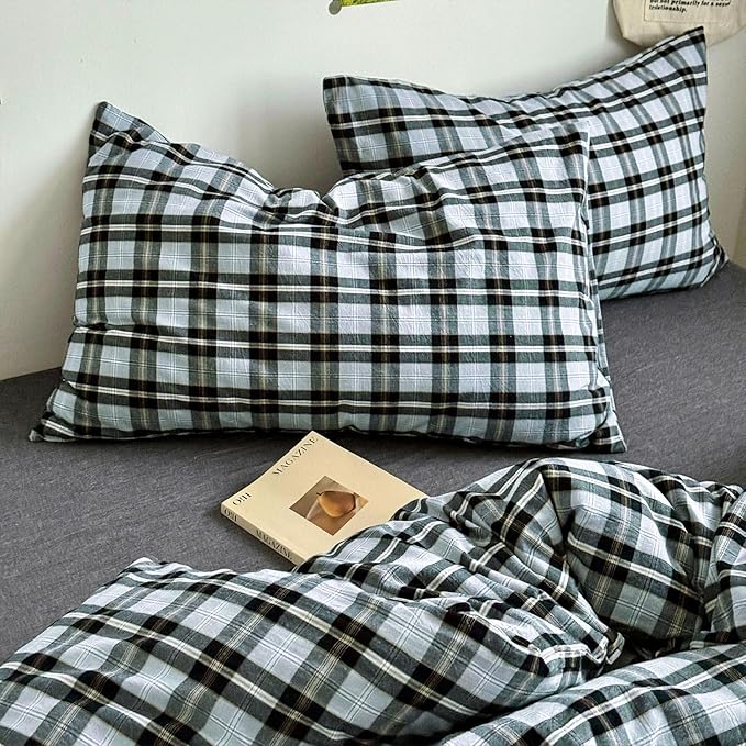 mixinni Vintage Grey & Pale Blue Buffalo Plaid Duvet Cover Set Queen Size - Image 5