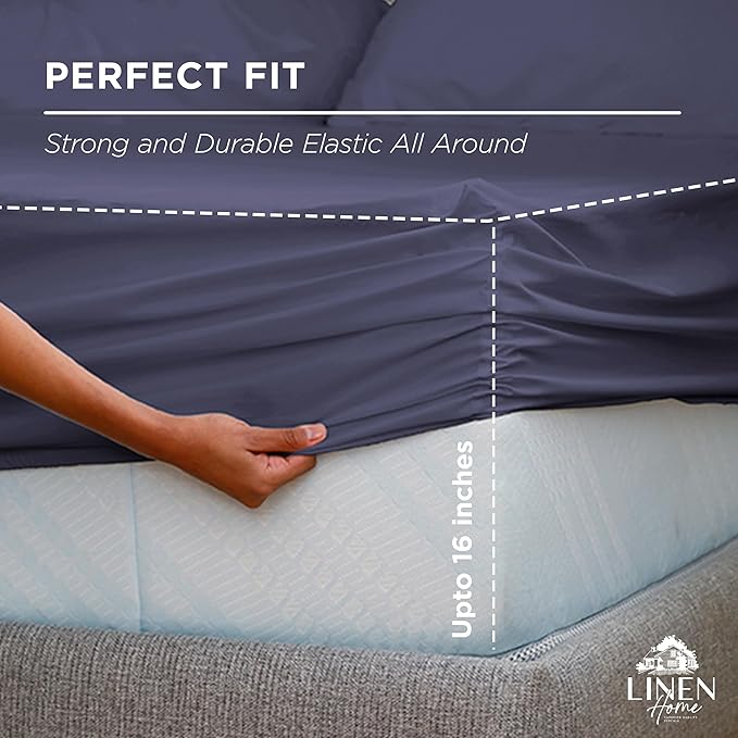 Linen Home 100% Cotton Percale Weave Fitted Sheet, Twin Size, Dark Blue - Image 3