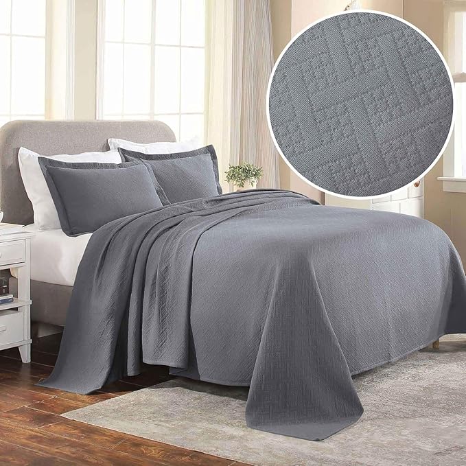 Superior 2 Piece Basketweave Cotton Bedspread Set, Home Bed Decor, Decorative Bed Spread, 1 Pillow Sham, Medium Weight Blanket, Matelasse Coverlet Bedding, Geometric Lattice Pattern, Twin, Grey