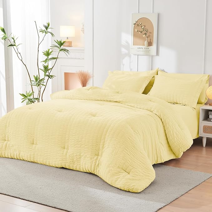 HYMOKEGE Yellow Queen Comforter Set Seersucker 7 Pieces, All Season Luxury Bed - Image 7