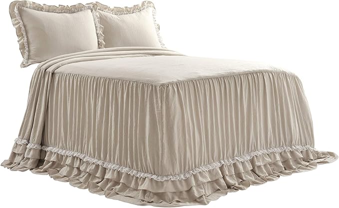 Lush Decor Ella Ruffle Lace Bedspread, 3 Piece Set, Queen, Neutral - Cute Bed Set - Queen Bedding - Beige Bedding - Coquette Decor - Neutral Ruffle Trim - Beige Lace Trim
