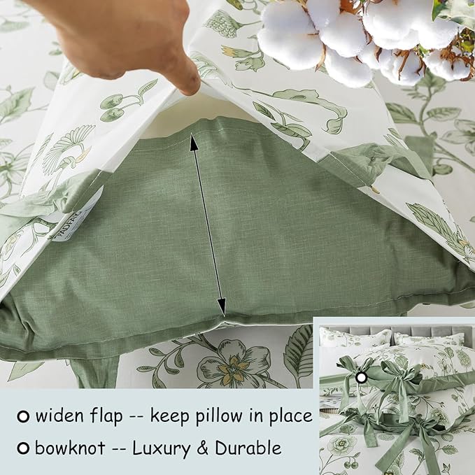 FADFAY Green Duvet Cover Set Queen Floral Bedding 100% Cotton Shabby Vintage - Image 4