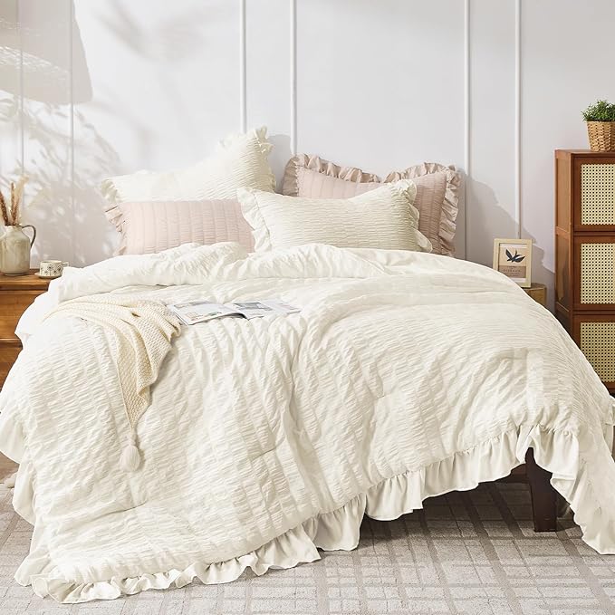 JOLLYVOGUE Ivory Twin Size Comforter Set, 2 Pieces Seersucker Lightweight by JOLLYVOGUE