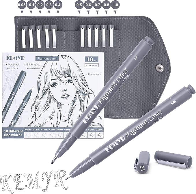 10 Micro Fine liner Drawing Art Pens Calligraphy Pens: 0.05mm-1.0mm Size Grey Art supplies Waterproof Archival Grey Ink Markers For Artists,Use for Professional Watercolor,Sketching-DeskoryOffice