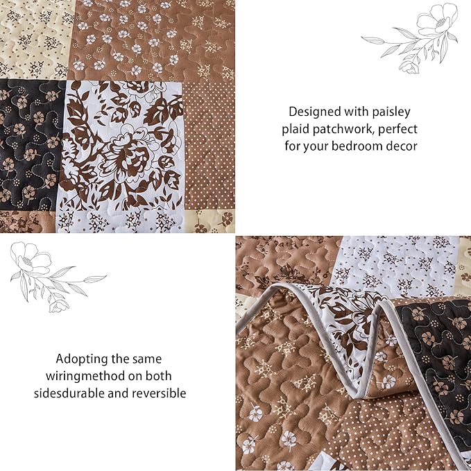 Mybedsoul Brown Patchwork Quilt Set California King Size, 3 Pieces Khaki Floral - Image 4
